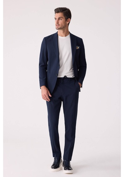 Erkek Lacivert Slim Fit Torba Cep Çizgili Jogger Pantolonlu Sivri