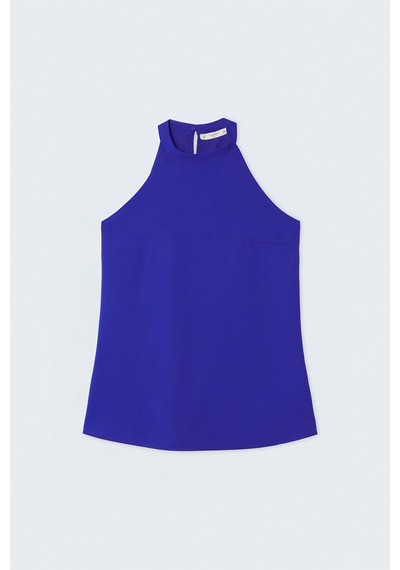 Sateen Halter Yaka Bluz -137731 Saks Mavi