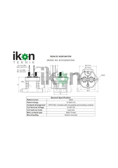 İKON TEKNİK EVQ200G1DA DC Kontaktör 200A 12V 900VDC SPST NO Yardımcı Kontak