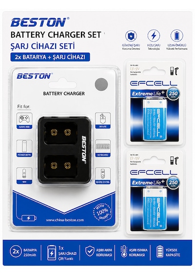 Beston M-7005 2'li Usb 9v Pil Şarj Aleti + Efcell 9v 250mah 2'li Şarjlı Pil Seti