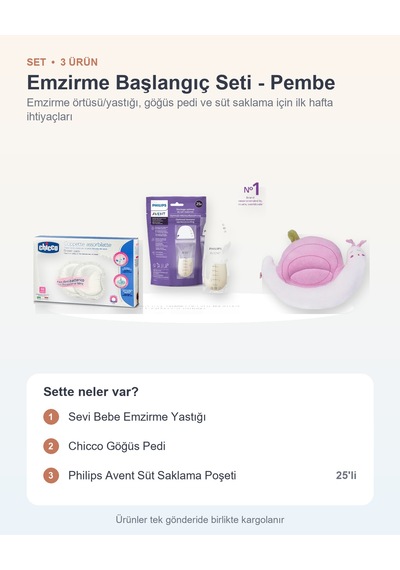 Emzirme Başlangıç Seti 3 Parça: Emzirme Yastığı + Göğüs Pedi + Süt Saklama Poşeti - Pembe