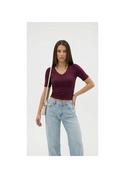 Dıanna Kadın Bordo V Yaka Basic T-shirt Günlük Esnek Kumaş Kısa Kollu T-shirt