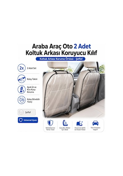 Şeffaf Oto Araç Araba İçi 2 Adet Koltuk Arkası Örtü Koruyucu Şeffaf Kılıf