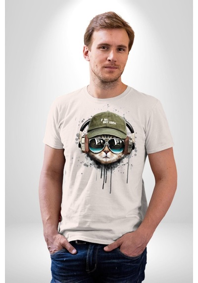 Havalı Pilot Şapkalı Müzik Dinleyen Kedi Unisex Unisex Beyaz Organik Baskılı T-shirt Penye Yüksek Kalite Beyaz