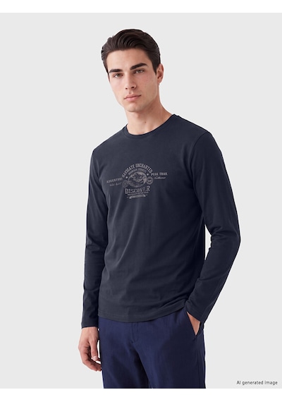 Lcwaıkıkı Classic Lacivert Bisiklet Yaka Baskılı Erkek Sweatshirt