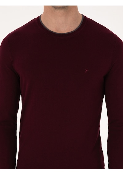 Cacharel Bordo Slim Fit Pamuk Karışımlı Bisiklet Yaka Triko Kazak Kırmızı