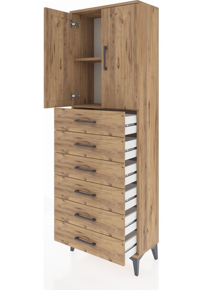 Arges Dolap 2 Raflı 6 Çekmeceli 2 Kapaklı 60x30x182 Çam-çam Çam