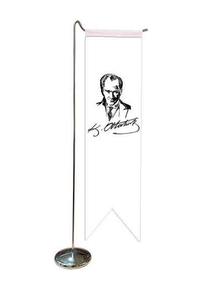 Masa Üstü Kırlangıç Atatürk İmzalı Masa Bayrağı + Krom L Direk Ma
