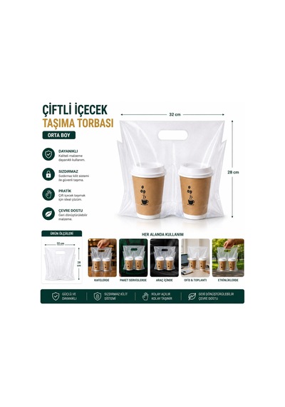 Çiftli Bardak Taşıma Poşeti - Take Away Bardak Poşeti 100 Adet Diğer