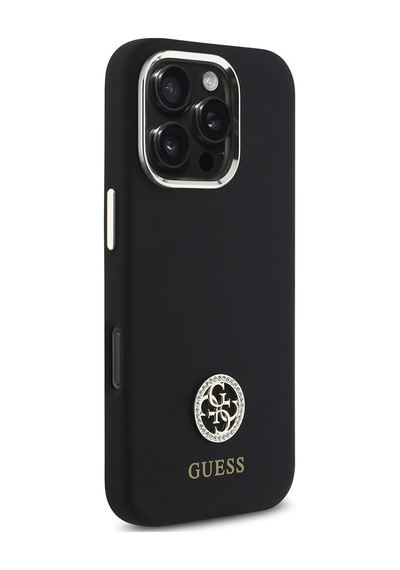 Apple iPhone 16 Pro Max Kılıf Guess Lisanslı Yazı Ve Taşlı 4g Logo Metal Kamera Çerçeveli Silikon Siyah