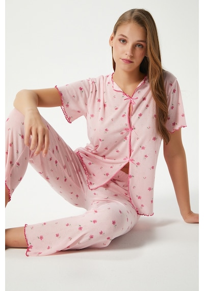Ritnice Kadın Juliet Kurdeleli Yumuşak Doku Pembe Çiçekli Pijama Takımı