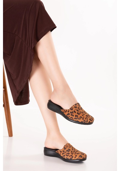 Gondol Kadın İçi Dışı Hakiki Deri Şık Ev Terliği Özl.960 Taba Leopar