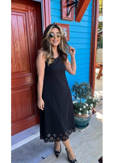 Efnaz Style Kadın Kolsuz Etek Ucu Lazer Kesim Çiçek Desenli Midi Boy Janjan Krep Elbise Siyah