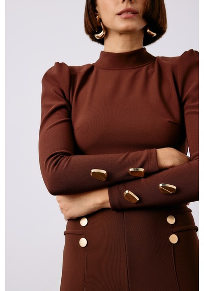 Sateen Düğme Detaylı Crop Bluz - Kahve-133634 Kahve