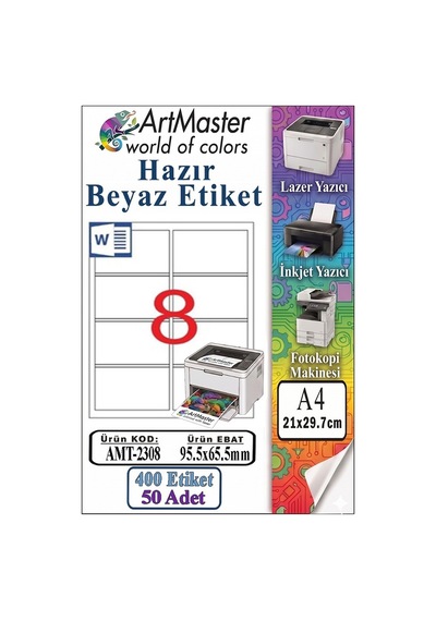 A4 Hazır Beyaz Etiket 95.5x65.5 Mm 8 Li 50 Sayfa 1 Paket Kendinden Yapışkanlı Fotokopi Lazer İnkjet Kağıdı Yazıcılar