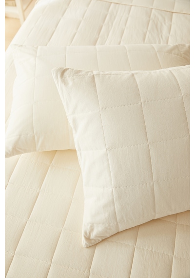 Ocean Home Textile %100 Pamuk Kumaş Kapitoneli Ekru Çok Amaçlı Çift Kişilik Yatak Örtüsü Seti 1 Adet 250 X 230 / 2 Adet 50 X 70 Cm