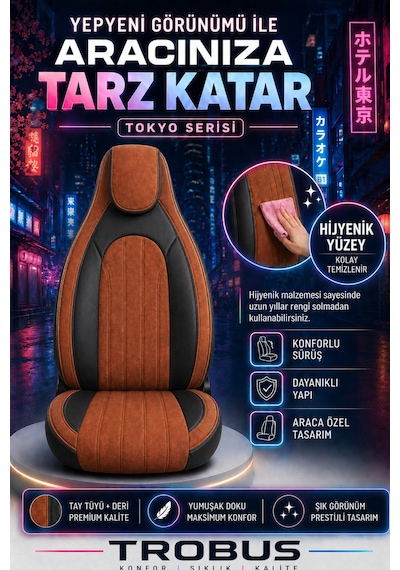 Fiat Albea 2002-2012 Bel Destekli Tay Tüyü Koltuk Kılıfı Tokyo Serisi Taba Siyah