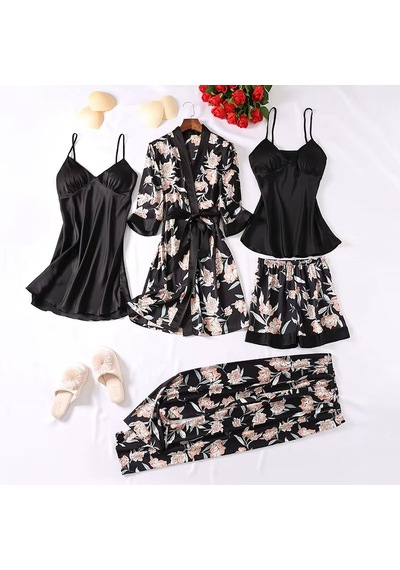Ece's Design 5 Parça Lüks Saten Pijama Gecelik Takımı Çiçek Desenli Sabahlık Robe Kadın İç Giyim Seti W2013 Siyah Ece's Design 5 Parça Lüks Saten Pijama Gecelik Takımı Çiçek Desenli Sabahlık Robe Kadın İç Giyim Seti W2013 Siyah
