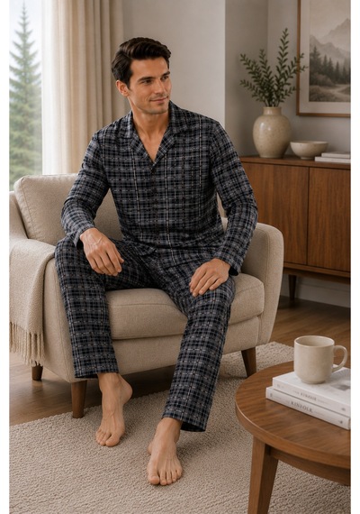 Free Beka Ekose Desenli Uzun Kollu Gömlek Yaka Düğmeli Erkek Pijama Takımı Gri