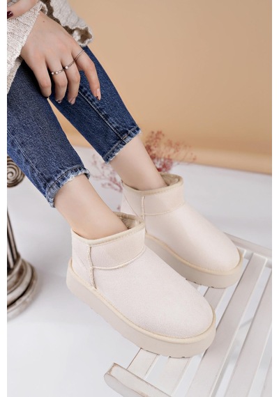 Nesilshoes Nesil Shoes Ypr 8391 Bej Süet İçi Kürklü Su İtici Kadın Bot Bej Nubuk