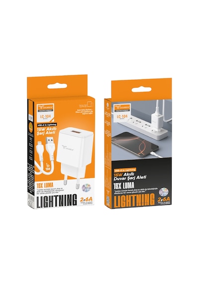 Lucatech Lc-104 15w 2.6a Usb To Lightning Şarj Kablolu 1 Metre Akıllı Duvar Şarj Cihazı Adaptör Seti Beyaz