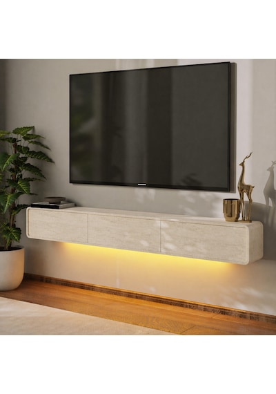 İnarch Dizayn Alba Led Işıklı Duvara Monte Tv Sehpası - 3 Kapaklı Tasarım Traverten