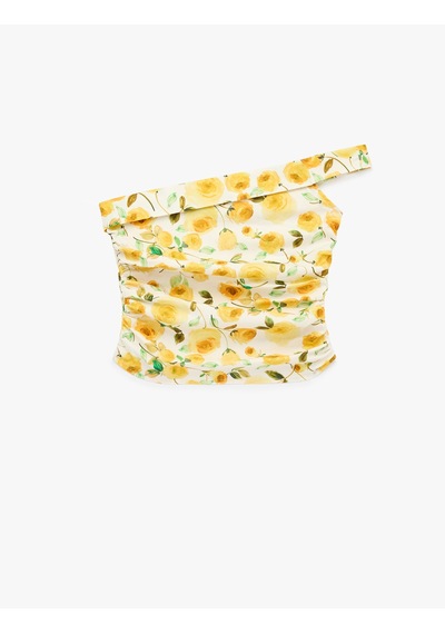 Koton Pamuklu Tek Omuz Çiçekli Poplin Crop Bluz Sarı Desenli 6sak30102ew