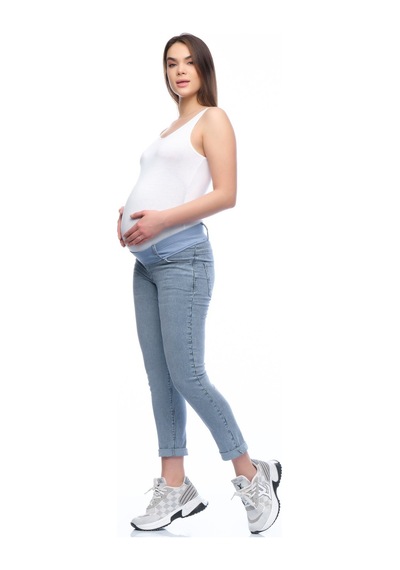 Busa Hamile Çizgili Alt Karın Destekli Mom Fit Kot Pantolon Mavi-mavi