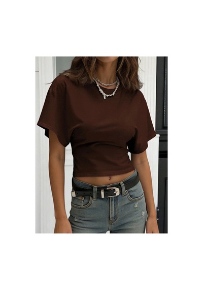 Cool Tarz Kadın Yarasa Kol Belden Oturtmalı Pamuklu T-shirt Acı Kahve Acı Kahve