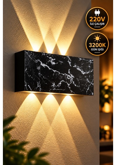 12w Siyah Mermer Desenli Led Duvar Apliği 3200k Gün Işığı 3 Gözlü Modern Aplik