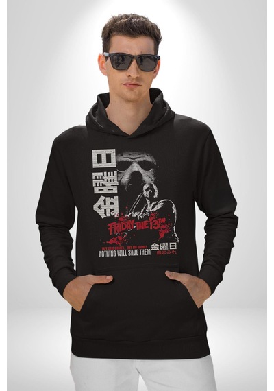 13. Cuma Korku Film Kadın Erkek Siyah Kapüşonlu Sweatshirt Hoodie Siyah