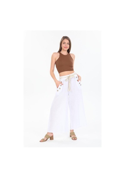 Eren Style İtalyan Korsajlı Düğme Detay Otantik Detay Kemerli Bol Paçalı Keten Pantolon-9888 Beyaz