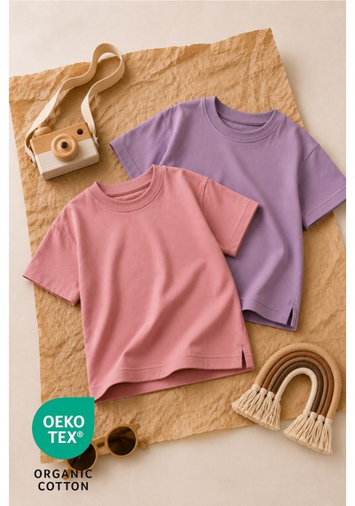 Luppinos Basic 2li %100 Pamuk Bisiklet Yaka Kız Bebek-çocuk Tshirt Set Mor - Pembe