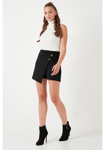 Lela Asimetrik Kışlık Scuba Süet Düğme Detaylı Slim Fit Bayan Şort Etek 5865968 Siyah