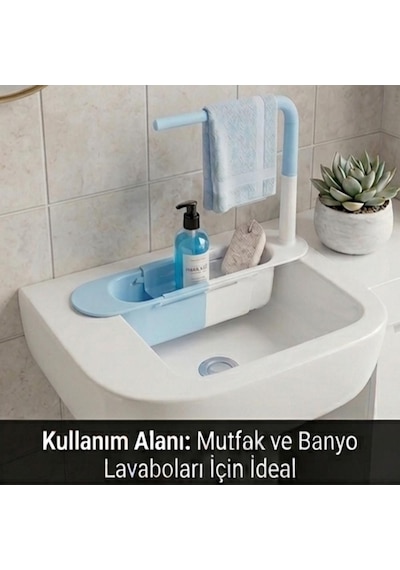 Cx7evy02 Teleskopik Evye Düzenleyici Ayarlanabilir Lavabo Organizer Sepetli Raf Mavi
