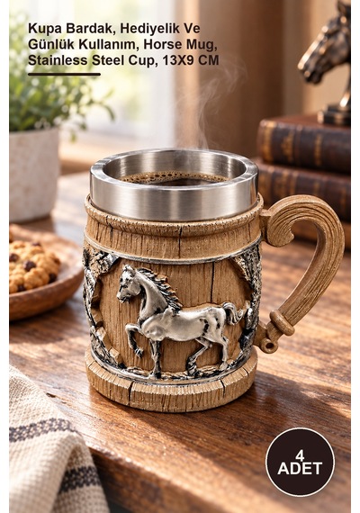 4 Adet At Temalı 3d Kabartmalı Paslanmaz Çelik Kupa Kupa Bardak, Hediyelik Ve Günlük Kullanım, Horse Mug, Stainless Steel Cup, 13x9 Cm