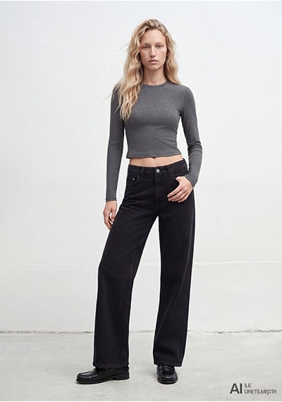 Mavi Uzun Kollu Antrasit Crop Basic Tişört Crop / Kısa Kesim 1612822-8 Gri