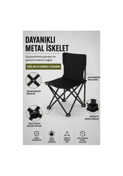 Kamptek Doğa Ve Balıkçı Sandalyesi - Yer Kaplamaz Mini Boy Tabure Telefon Koyma Cepli Sağlam Balıkçı Sandalye Tabure Siyah