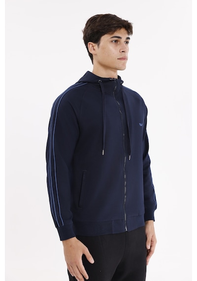Rowinger Çift Şerit Kol Detaylı Tam Fermuarlı Cepli Rahat Kalıp Ayarlanabilir Kapüşonlu Sweatshirt Navyblue