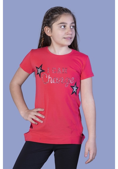 Toontoy Kids Toontoy Kız Çocuk Yıldız Baskılı Taş İşlemeli Tişört Nar Çiçeği