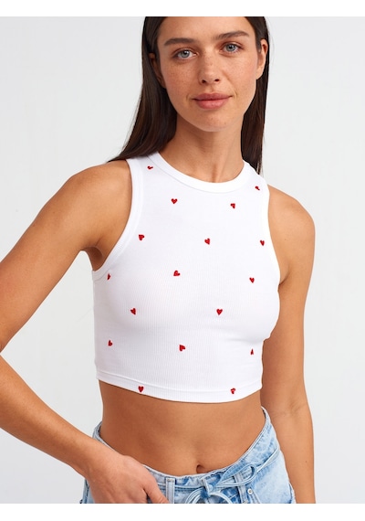 Dilvin Kalp Nakışlı Crop Top 101a20819 Beyaz