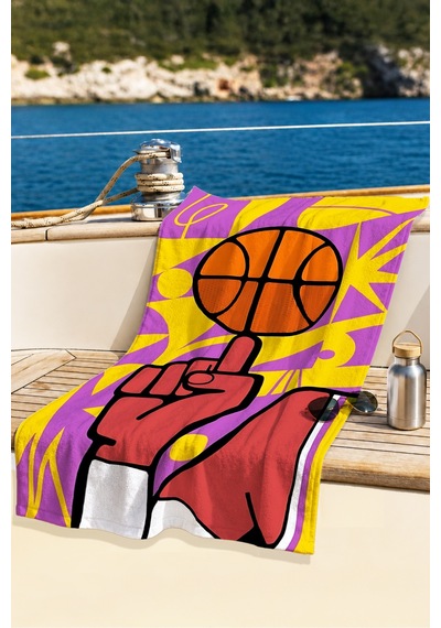 Basketbol Temalı Modern Plaj Havlusu - Geometrik Pop Art Mor Sarı Hızlı Kuruyan Mikrofiber Havlu Dalgın Defne