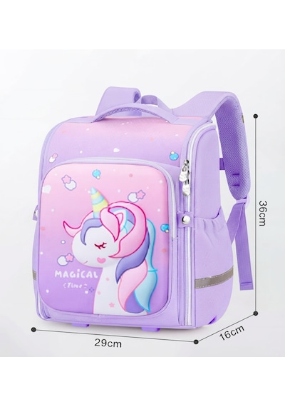 Unicorn 3D Desenli Kız Çocuk Kreş ve Anaokulu Okul Çantası Mor Açık Pembe