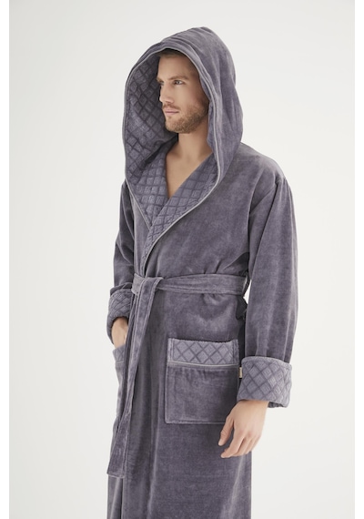 Yaka Jakarlı %100 Cotton Erkek Bornozu Gri