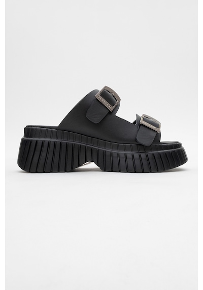 Luvishoes Joanes Siyah Cilt Hakiki Deri Çift Bantlı Kadın Dolgu Taban Terlik Siyah
