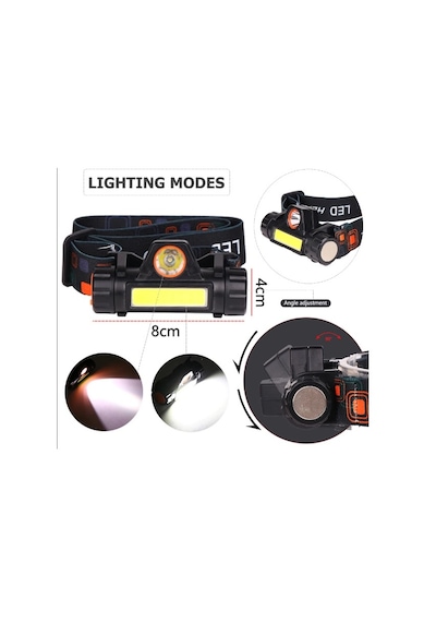 1200 Lümen Cob Led Şarjlı Çalışma Lambası Kafa Feneri Kafa Lambas N11.318 Siyah