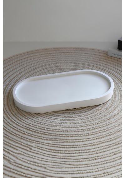 Beton Gri Oval Tepsi El Yapımı Modern Takı, Mum Ve Aksesuar Düzenleyici Sade Beyaz