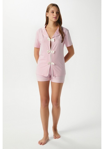 Ritnice Kadın Violet Pembe Şortlu Fiyonklu Alt Üst Pijama Takımı