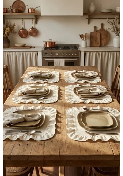 Pamuklu Fırfırlı Kare Supla 6'lı Set Amerikan Servis 33 Cm Supla Açık Krem