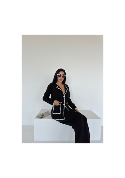 İkrafashion Çoban Dikişli Cepli Premium Triko Takım Siyah Siyah
